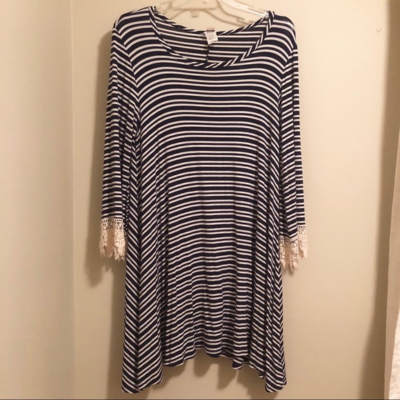 Navy Striped Dress with Lace Sleeve Detail - Picture 1 of 4